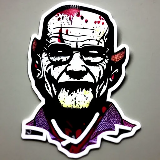 Image similar to die cut sticker, walter white wearing the joker suit, splatter paint