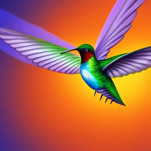 Image similar to frantic hummingbird phoenix zipping around, wanting to explore and investigate everything. it\'s curiosity is unbounded and unsatiable, digital art, trending on artstation, cartoon, stylized, rainbow feathers