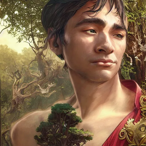 Image similar to An epic fantasy comic book style portrait of a fantasy male martial arts expert, temple ruins surrounded by lush meadow and big pines, intricate, elegant, highly detailed, digital painting, artstation, concept art, matte, sharp focus, illustration, art by Artgerm and Greg Rutkowski and Alphonse Mucha