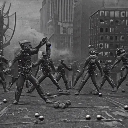 Image similar to grainy 1800s photo of a cybernetic warriors destroying buildings using energy balls in a smoky city