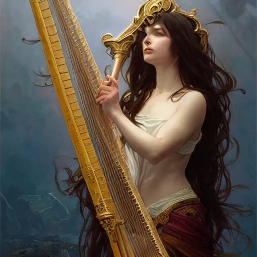 Prompt: a strange harp, d & d, fantasy, intricate, elegant, highly detailed, digital painting, artstation, concept art, smooth, sharp focus, illustration, art by artgerm and greg rutkowski and alphonse mucha