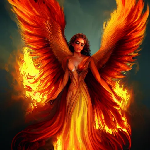 Image similar to detailed portrait of a fiery phoenix woman rising from fire spreading her wings with fiery marks all across her body, magically, magic, fire, realism, ruby, sunlit, dark fantasy, dramatic lighting, cgsociety, artstation