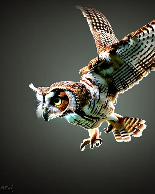 Prompt: an extremely detailed masterpiece photo of a western screech - owl in flight, in the style of brian froud, brian despain, brian bolland, digital art, unreal engine, volumetric lighting, dark moody lighting, trending on artstation, photorealistic, epic scene