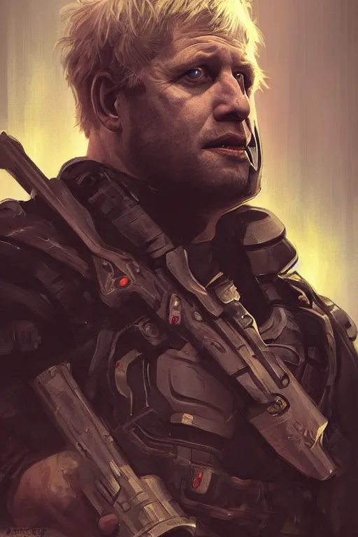 Image similar to Boris Johnson as Punisher, portrait, skull on the armor plate, highly detailed, digital painting, artstation, concept art, smooth, sharp focus, illustration, cinematic lighting, art by artgerm and greg rutkowski and alphonse mucha