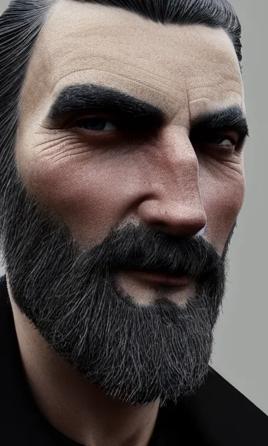 Prompt: face closeup covered with 4 0 year old man, serious medium smile, medium sized eyebrows, gren grey eyes, pale skin, grey black ned kelly beard, long grey hair, symmetric face, 3 d render, hyper - realistic detailed portrait, ruan jia, wlop