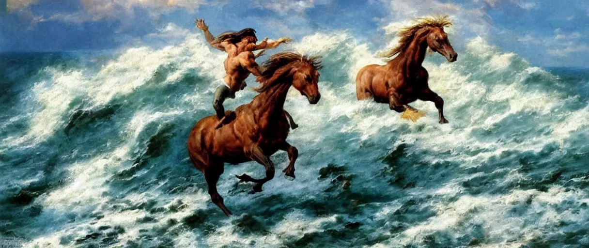 Prompt: horse running along a stormy ocean, large waves, dreamy, painterly, by frank frazetta, vivid colors