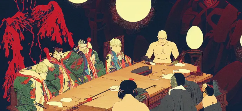 Image similar to the shogun speaks to his council, digital painting masterpiece, by ilya kuvshinov, by frank frazetta, by mœbius, by reiq, by hayao miyazaki, intricate detail, beautiful brush strokes, advanced lighting technology, 4 k wallpaper, interesting character design, stylized yet realistic anatomy and faces, inspired by kill bill animated scene