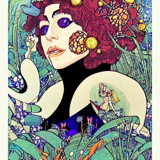 Image similar to lady gaga on a detailed ivan bilibin and edmund dulac and ilya kuvshinov and katsuhiro otomo inspired print