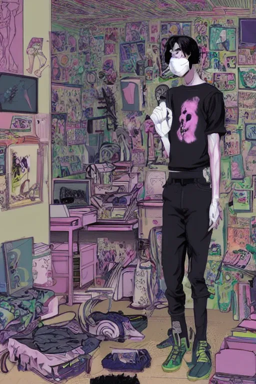 Image similar to a skinny goth guy wearing a face mask standing in a cluttered 9 0 s bedroom, full body character concept art, vaporwave colors, hirohiko araki art, inio asano art,