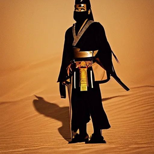 Image similar to egyptian samurai with katana, standing in desert