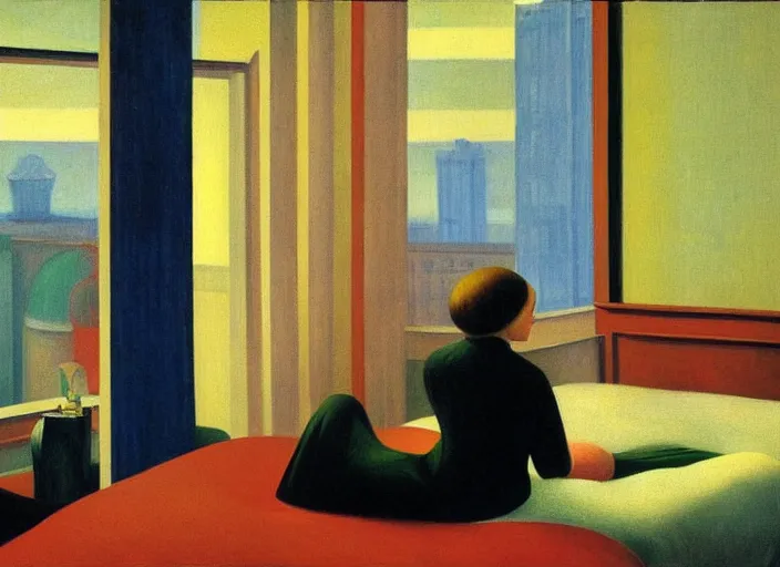 Image similar to two people in a hotel room in afternoon light, open ceiling, oil painting by edward hopper and rene magritte