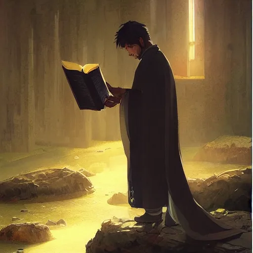 Prompt: a priest reading manga geog darrow greg rutkowski