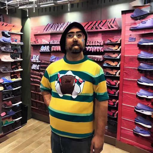 Image similar to a photograph of a man poorly cosplaying as a bear, he is in a shoe store, he is standing in between long store isles, vivid color, 50mm