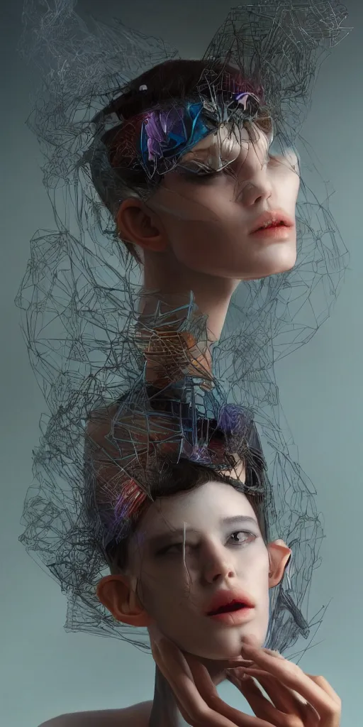 Prompt: hyperrealistic futuristic high fashion photography, girl in studio, vogue magazine, nomad masterpiece, nano parts, neon lights, smoke playing on a harp, eerie music, beautiful face and flawless skin, perfect hands, head piece, by Edgar Maxence and Ross Tran and Michael Whelan