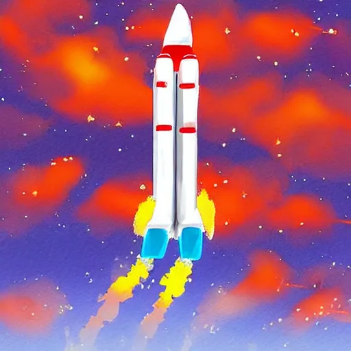 Prompt: a rocket launching into the sky, sunset, fluffy clouds, beautiful digital art, pixiv, digital watercolor painting