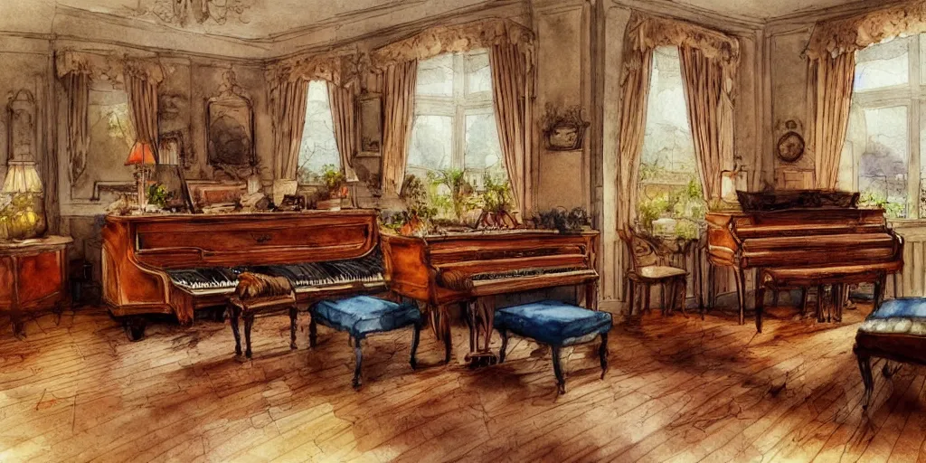 Prompt: a hiper intricate watercolor of a beatiful living room with piano in ultramarine and burnt sienna colors, extremely detailed, sharp focus, wide view, smooth, elegant, digital illustration, colorfull, by william turner art, by greg rutowski