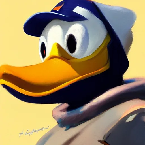 Image similar to greg manchess portrait painting of donald duck as overwatch character, medium shot, asymmetrical, profile picture, organic painting, sunny day, matte painting, bold shapes, hard edges, street art, trending on artstation, by huang guangjian and gil elvgren and sachin teng