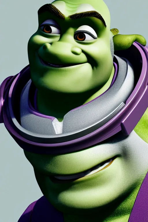 Image similar to Photo of Shrek realistic Buzz Lightyear, photorealistic portrait, close-up, light bristles, slightly muted colors, film photo