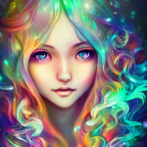 Image similar to lively and lovely girls, angelic face, colorful and flowing hair, colorful eyes, smiling innocently and cutely, colorful light effects, clean and fresh, ethereal, macro, uplight, lush, radiant, detailed, fantasy style, by ross tran, kazuki tanahashi