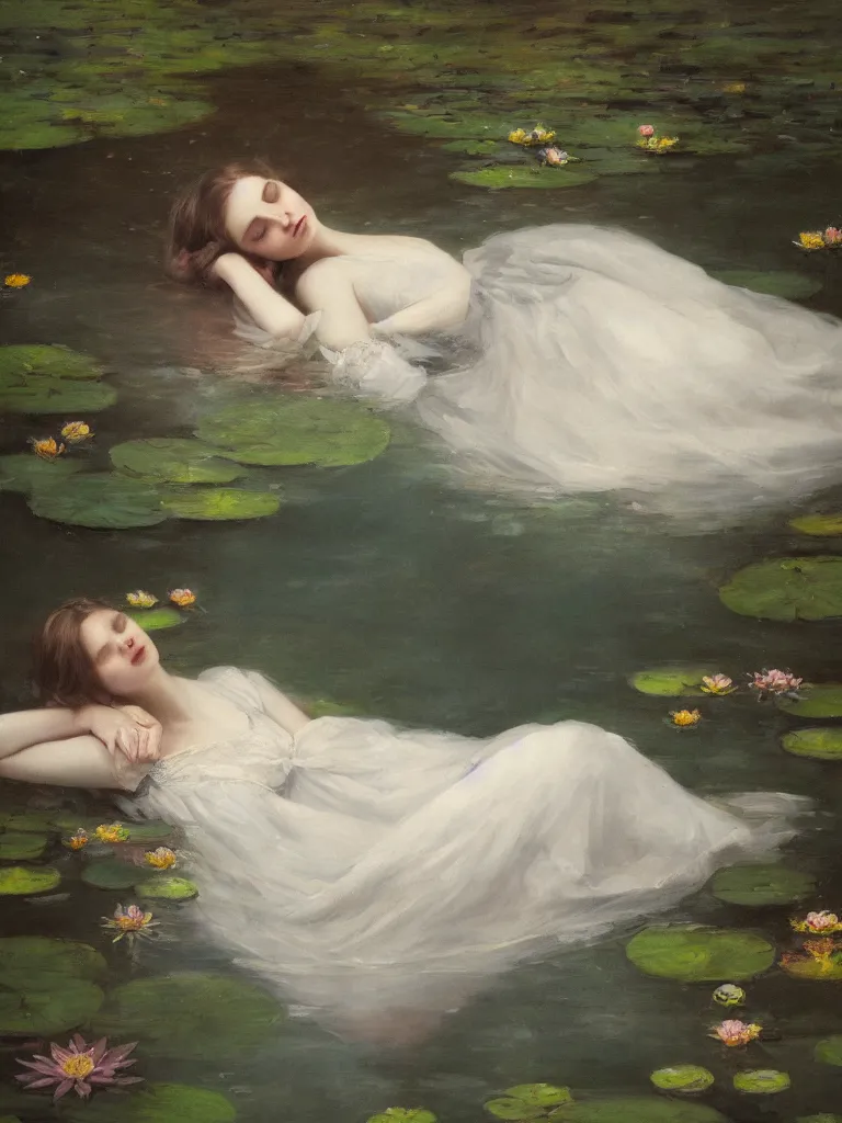 Image similar to detailed cinematic moody colors studio portrait of a victorian young lady sleeping in a victorian pond, water lilies, ofelia inspired high quality by jeremy mann, only one head single portrait