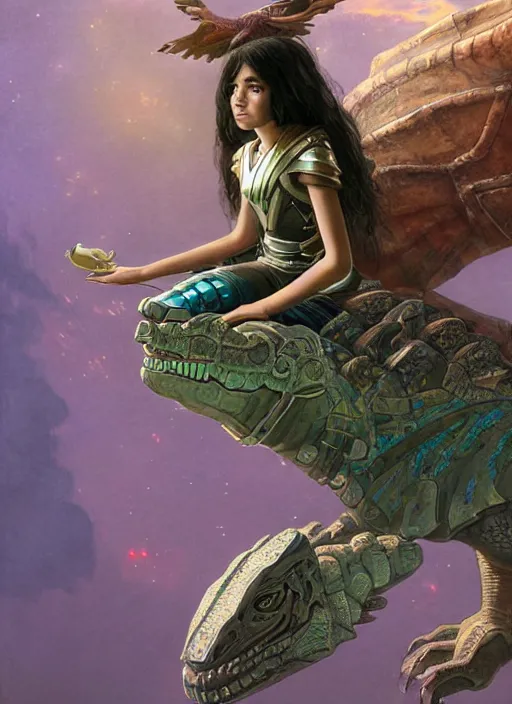 Image similar to portrait of a little cyborg warrior girl character sitting on top of a giant armored dinosaur bird with huge wings flying in space, epic character with dark skin and beautiful green eyes. the girl has a very beautiful detailed symmetrical face, long black hair. diffuse night light, dramatic landscape, fantasy illustration, matte painting by mucha