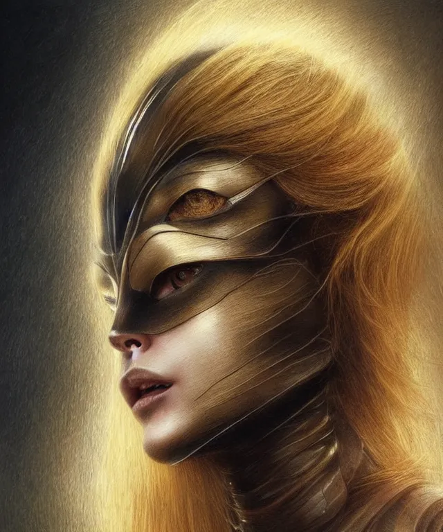 Image similar to golden pencil drawing of beautiful robot - cat woman face, goddess, beautiful blonde hair flying in the wind, hyper realistic face, in the style of greg rutkowski, beksinski, fantasy, amazing detail, epic, elegant, smooth, sharp focus, from the front, octan render