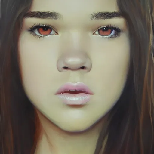 Prompt: realistic Portrait painting of a Hailee Steinfeld as Garo from Japan, made by Gustave Courbet, physical painting, Sharp focus,digital art, bright colors,fine art, trending on Artstation, unreal engine.