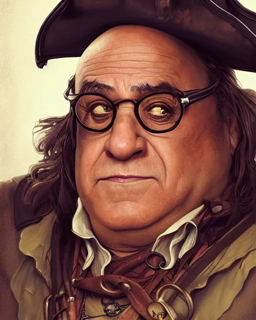 Image similar to portrait of Danny Devito as a pirate, highly detailed, digital painting, artstation, concept art, sharp focus, illustration, art by artgerm and greg rutkowski and alphonse mucha