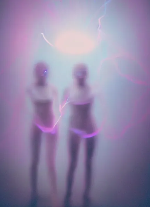 Prompt: symmetrical females ascending astral projection, liquid glowing auras, motion blur, long exposure, film grain, cinematic lighting, experimental film, shot on 1 6 mm