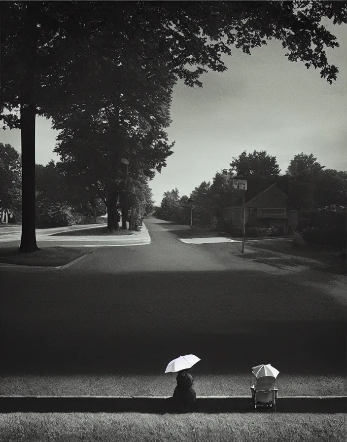Prompt: “ gregory crewdson, photograph, quiet american neighborhood, a woman waiting with a black umbrella ”