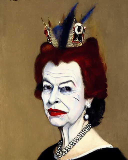 Image similar to portrait of Queen Elizabeth as the Joker, art by Carel Fabritius