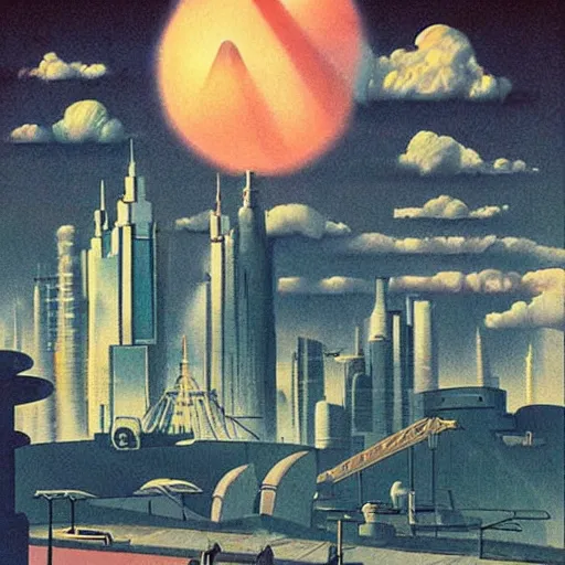 Prompt: city of light under a bright cloudy sky, overexposed retro science fiction vintage art