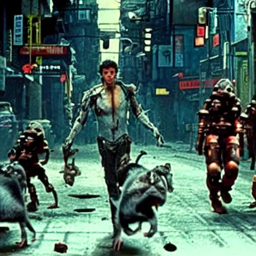Image similar to a movie by James Cameron showing a gritty, futuristic street being swarmed by rabies infected cybernetic rats.