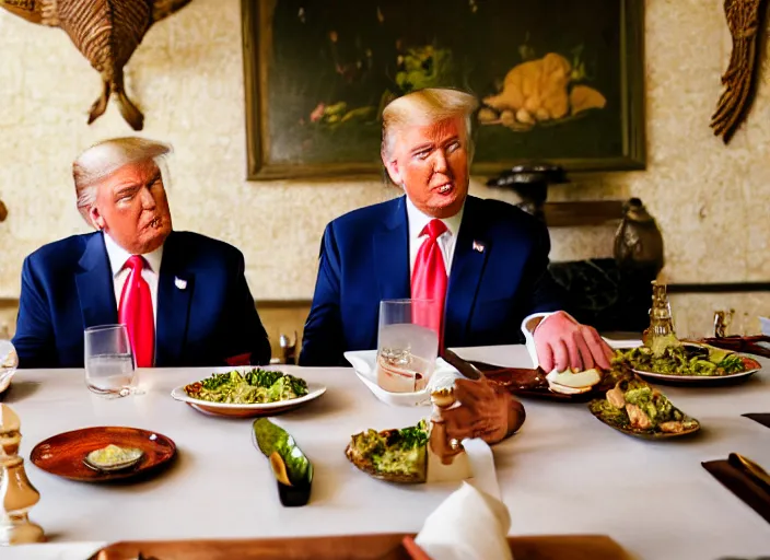 Image similar to Trump and Biden having dinner at a fancy Balinese restaurant, award winning cinematic photography, sigma 85mm Lens F/1.4, blurred background, perfect faces