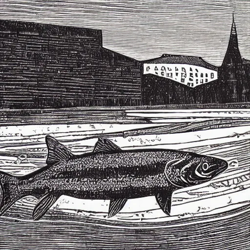 Image similar to linoprint of a salmon breaking ice on the river ex libris