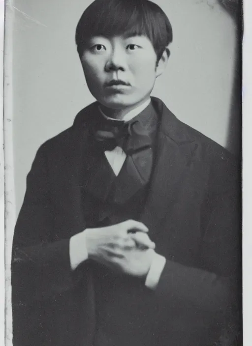 Image similar to a clear black and white photograph of Wu Ningkun, wearing a black suit, front portrait, face brightly lit and highlighted, high contrast, daguerreotype, by Nadar