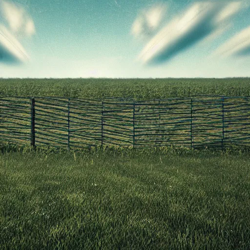 Image similar to an endless fence that is 1 0 0 0 feet tall, in a field with rolling hills, birds high in the sky, dystopian, rim, masterpiece digital painting, octane render, 4 k