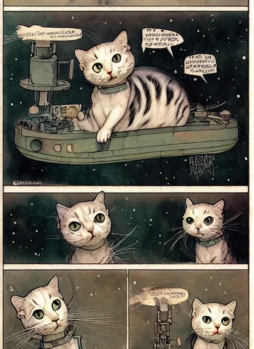 Image similar to a hyper realistic ink cat in a spaaceship 6 panel comic by chiara bautista and norman rockwell and greg rutkowski weta studio, and lucasfilm