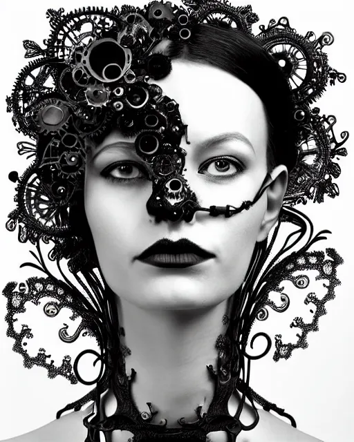 Image similar to surreal black and white photo portrait of complex bio-mechanical beautiful young female vegetal-cyborg with a Mandelbrot fractal steampunk metal fine lace face, curled silver hair and a fine metal floral foliage super big lace collar by Alexander McQueen:: high fashion, haute couture, rococo, steampunk, silver filigree details, anatomical, facial muscles, cable wires, microchip, elegant, hyper realistic, 150 mm lens, soft rim light, octane render, unreal engine, picture was taken in 1910 by Dora Maar, volumetric lighting, 8k,