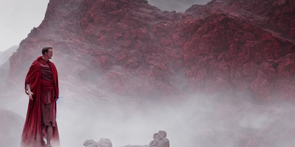 Image similar to the end is near. a tired julius caesar standing in the atlas mountains. face is highly detailed. splices of red are running down his toga. mist. color scheme red. low angle close shot. atmospheric. global illumination. unreal engine render. imagined by jeremy lipking