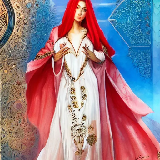 Prompt: a beautiful arabian woman wearing a white kaftan by karol bak, ayami kojima, artgerm, arabian beauty, blue eyes, smile, concept art, fantasy