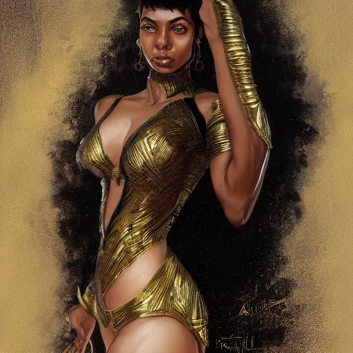 Prompt: Tall brown-skin elf woman, in elegant black and gold textured robes. Mid body shot. intricate, elegant, highly detailed, digital painting, artstation, concept art, smooth, sharp focus, art by stanley artgerm and greg rutkowski and alphonse mucha,