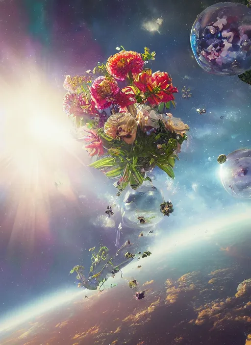 Image similar to An epic fantastic realism comic book style painting of the most beautiful flowers launched into space, perfect shiny silver iridescent spheres, bouquets, fisheye lens, unreal 5, DAZ, hyperrealistic, octane render, dynamic lighting