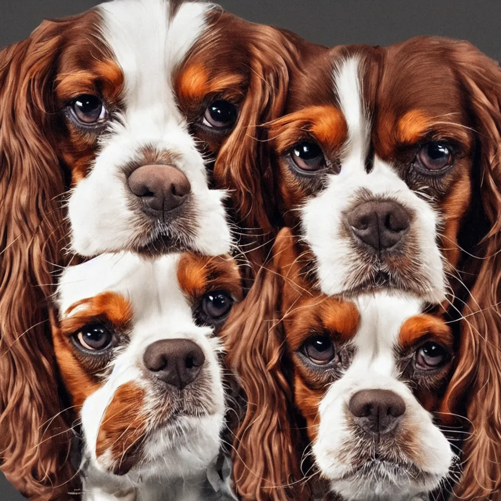 Prompt: King Charles Cavalier Spaniel with the face of Ryan Gosling, photorealistic, photograph, photoshop