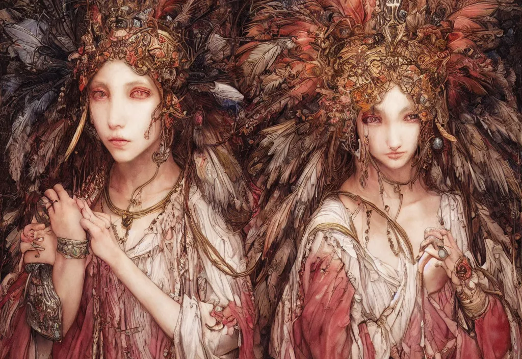 Prompt: breathtaking detailed painting of an angelic mononoke princess, by ayami kojima and brom, gauze rose dress of stained glass floating around, detailed realistyc symmetrical facial features, amalgamation of embers and feathers, 8 k, concept art, matte, sharp focus, rembrandt style