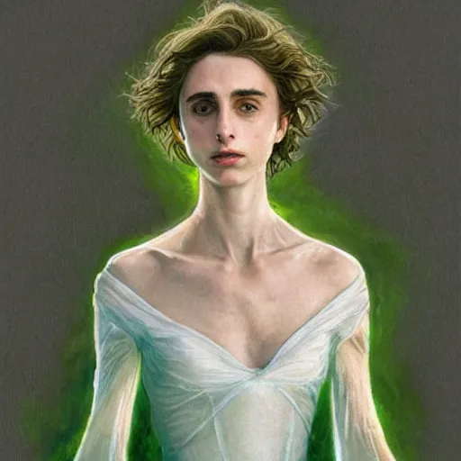 Prompt: Timothy Chalamet as Galadriel, ethereal, half-body portrait, Lord of the Rings, fantasy, portrait, highly detailed, digital painting, artstation, concept art, sharp focus, illustration, art by artgerm and greg rutkowski and magali villeneuve, white and green color scheme