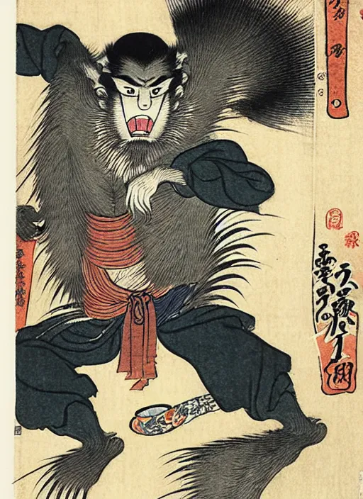 Prompt: the wolfman as a yokai illustrated by kawanabe kyosai and toriyama sekien