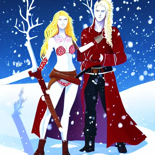 Image similar to A woman and a man are standing in the snow, the woman is leaning against the man, the man has long red hair, the woman has blonde long hair, the man has a red thick sword, the woman has a thin, long sword, a tree almost fully covered in bulky snow, concept art by Fabien Charuau, trending on pixiv, fantasy art, official art, wiccan, concept art, 4k, sharp details