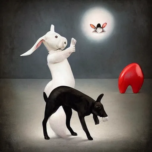 Image similar to A beautiful conceptual art of a large black dog with teeth bared, looming over a small white rabbit. The rabbit looks terrified, and the dog seems ready to attack. felt pieces by Jeannette Guichard-Bunel manmade