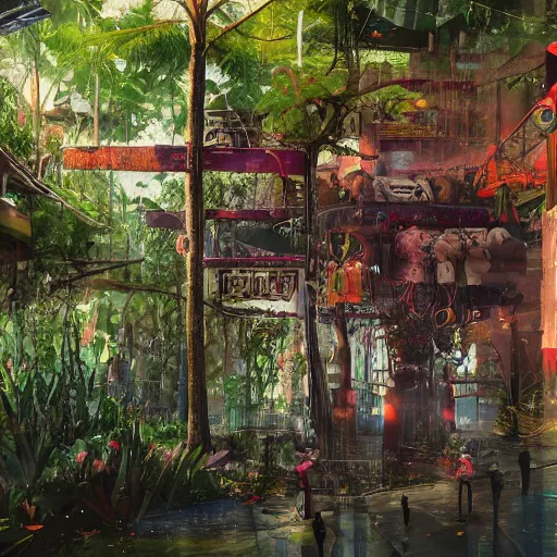 Image similar to A cyberpunk city in a rainforest, highly detailed digital art